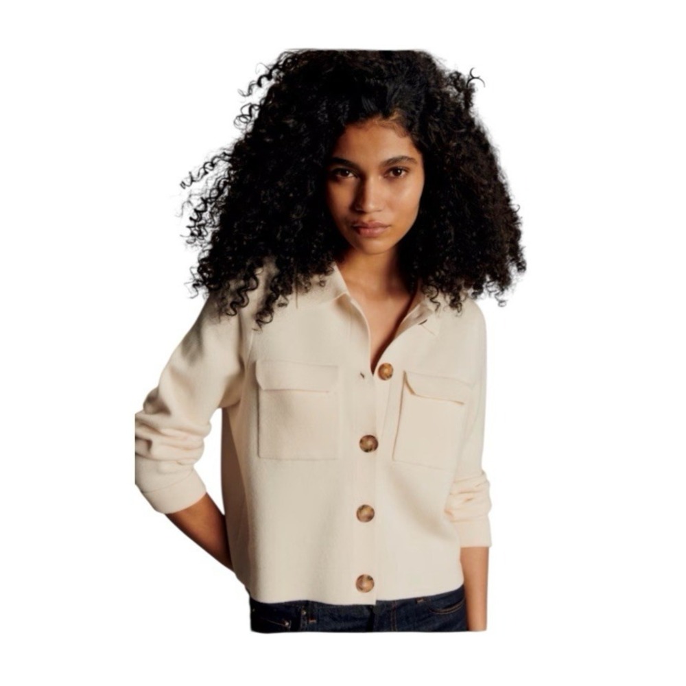 Sezane Betty Cardigan Sweater Merino Wool Collared  Womens Small Ecru
